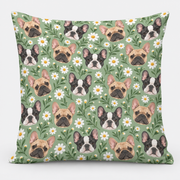 Frenchie Daisy Meadow Pillow Cover on light gray background