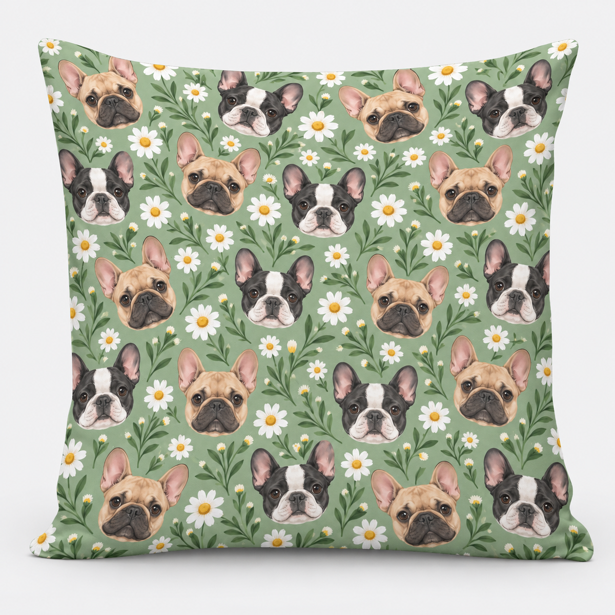 Frenchie Daisy Meadow Pillow Cover on light gray background