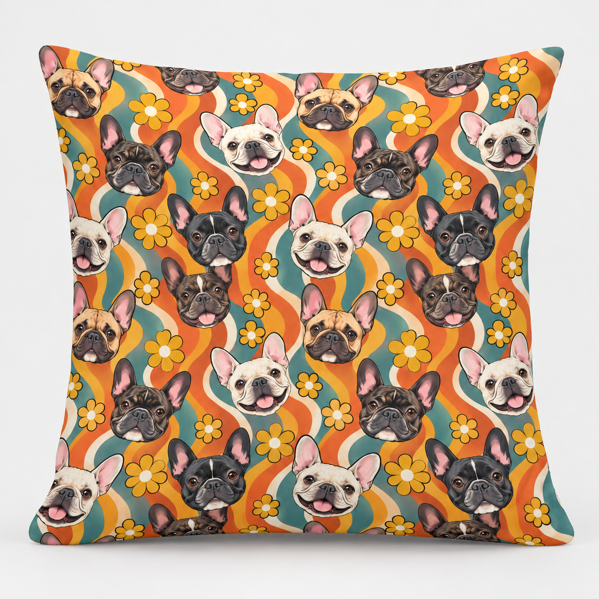 Retro Frenchie Grooves Pillow Cover on light gray background