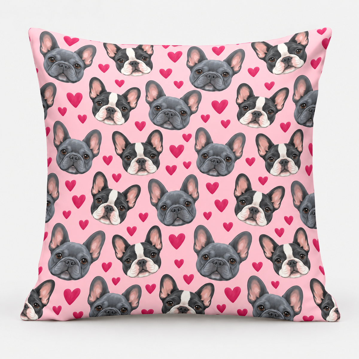 Blush Frenchie Hearts Pillow Cover on light gray background