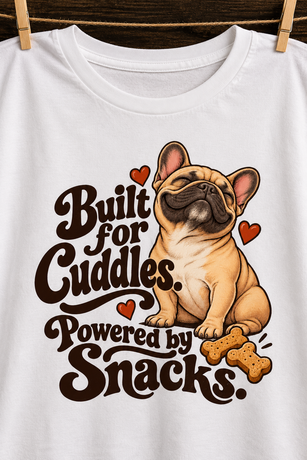 White French Bulldog T-shirt — Built for Cuddles. Powered by Snacks. — artwork close-up
