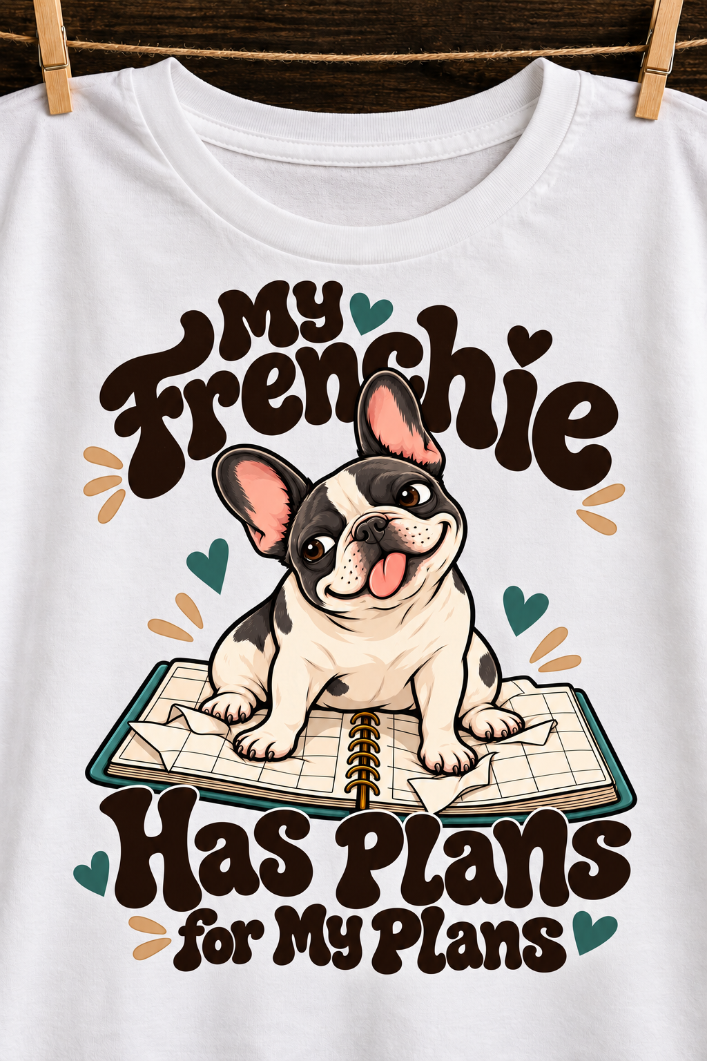 White French Bulldog T-shirt — My Frenchie Has Plans for My Plans — artwork close-up
