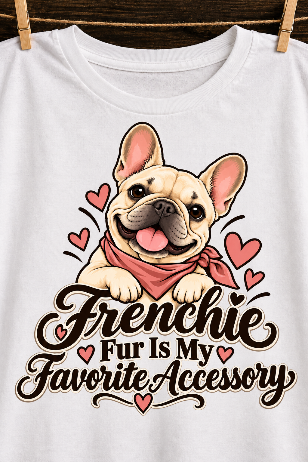 White French Bulldog T-shirt — Frenchie Fur Is My Favorite Accessory — artwork close-up