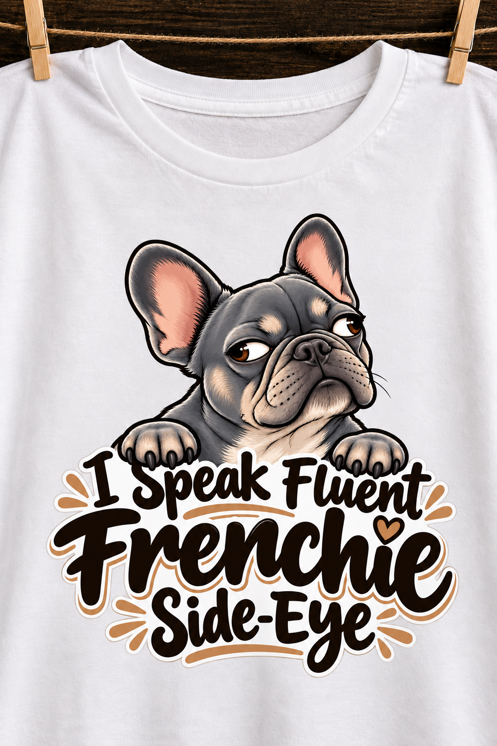 White French Bulldog T-shirt — I Speak Fluent Frenchie Side-Eye — artwork close-up