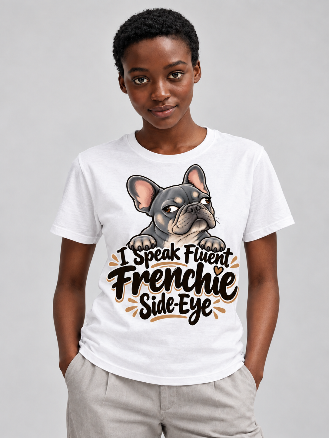 White French Bulldog T-shirt — I Speak Fluent Frenchie Side-Eye — large print on model