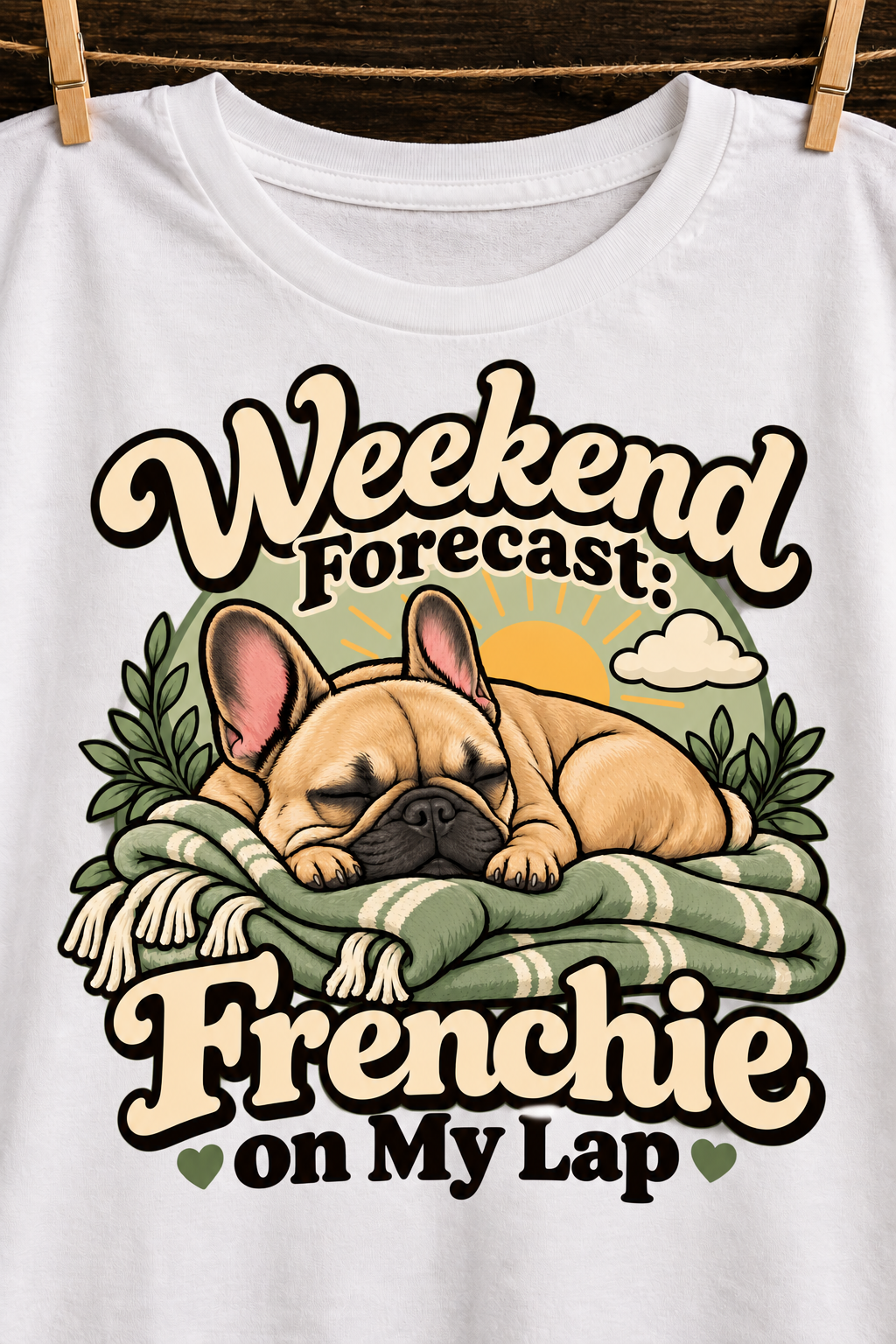White French Bulldog T-shirt — Weekend Forecast: Frenchie on My Lap — artwork close-up