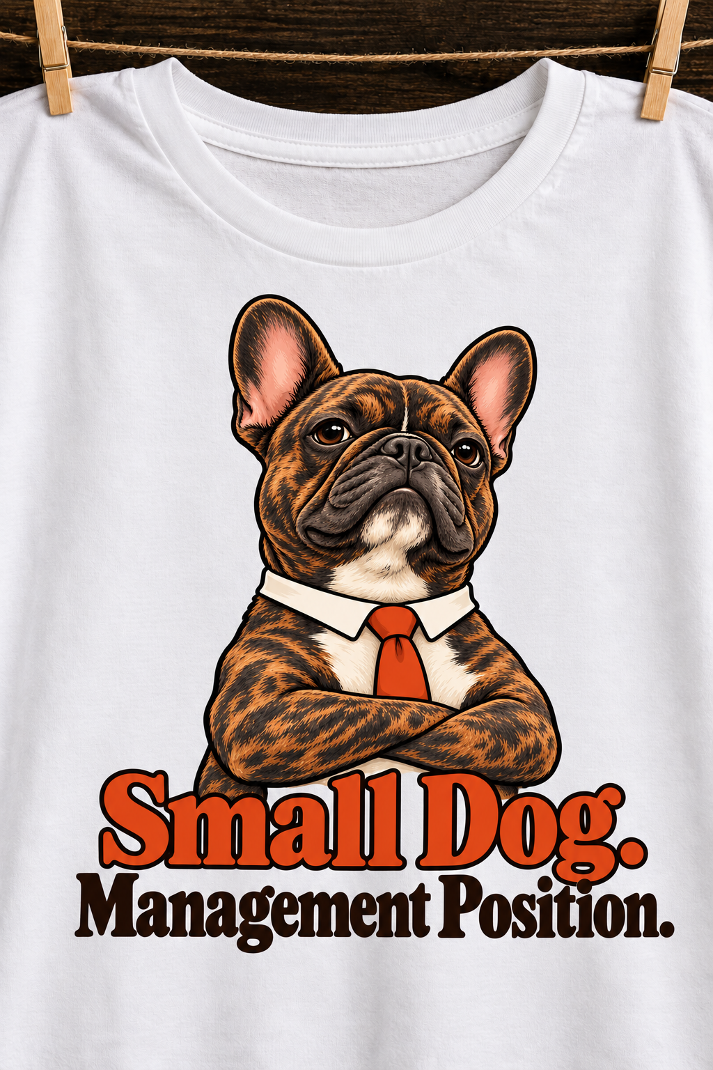 White French Bulldog T-shirt — Small Dog. Management Position. — artwork close-up