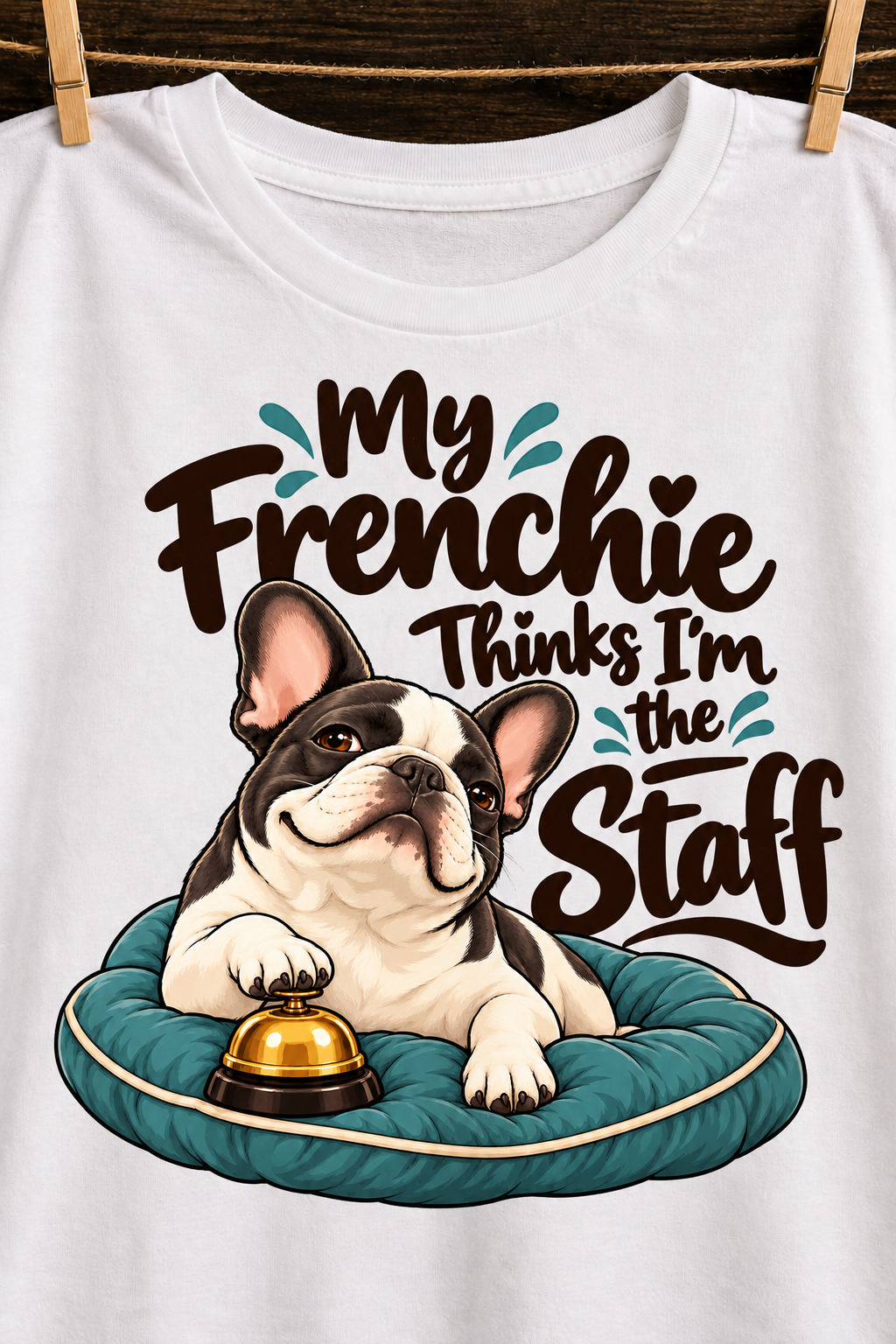White French Bulldog T-shirt — My Frenchie Thinks I'm the Staff — artwork close-up