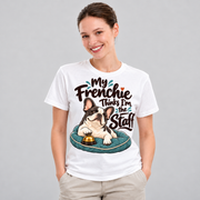 White French Bulldog T-shirt — My Frenchie Thinks I'm the Staff — large print on model