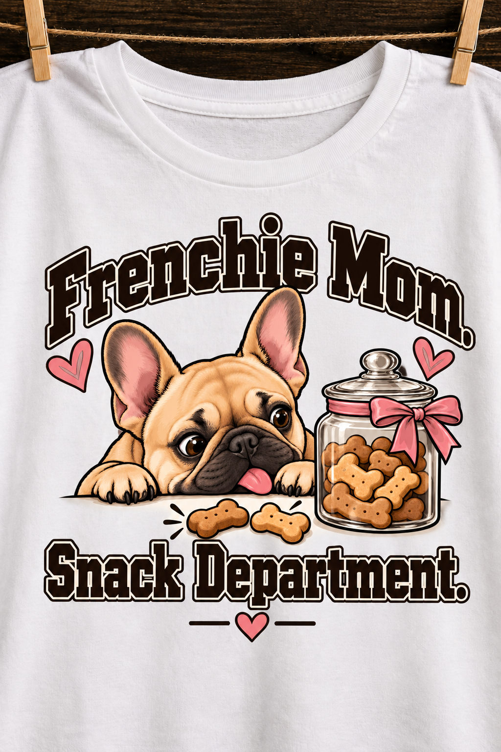 White French Bulldog T-shirt — Frenchie Mom. Snack Department. — artwork close-up