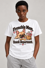 White French Bulldog T-shirt — Frenchie Mom. Snack Department. — large print on model