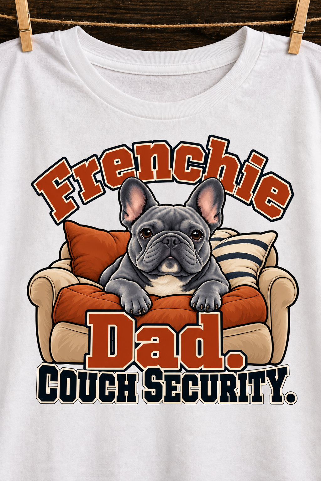 White French Bulldog T-shirt — Frenchie Dad. Couch Security. — artwork close-up