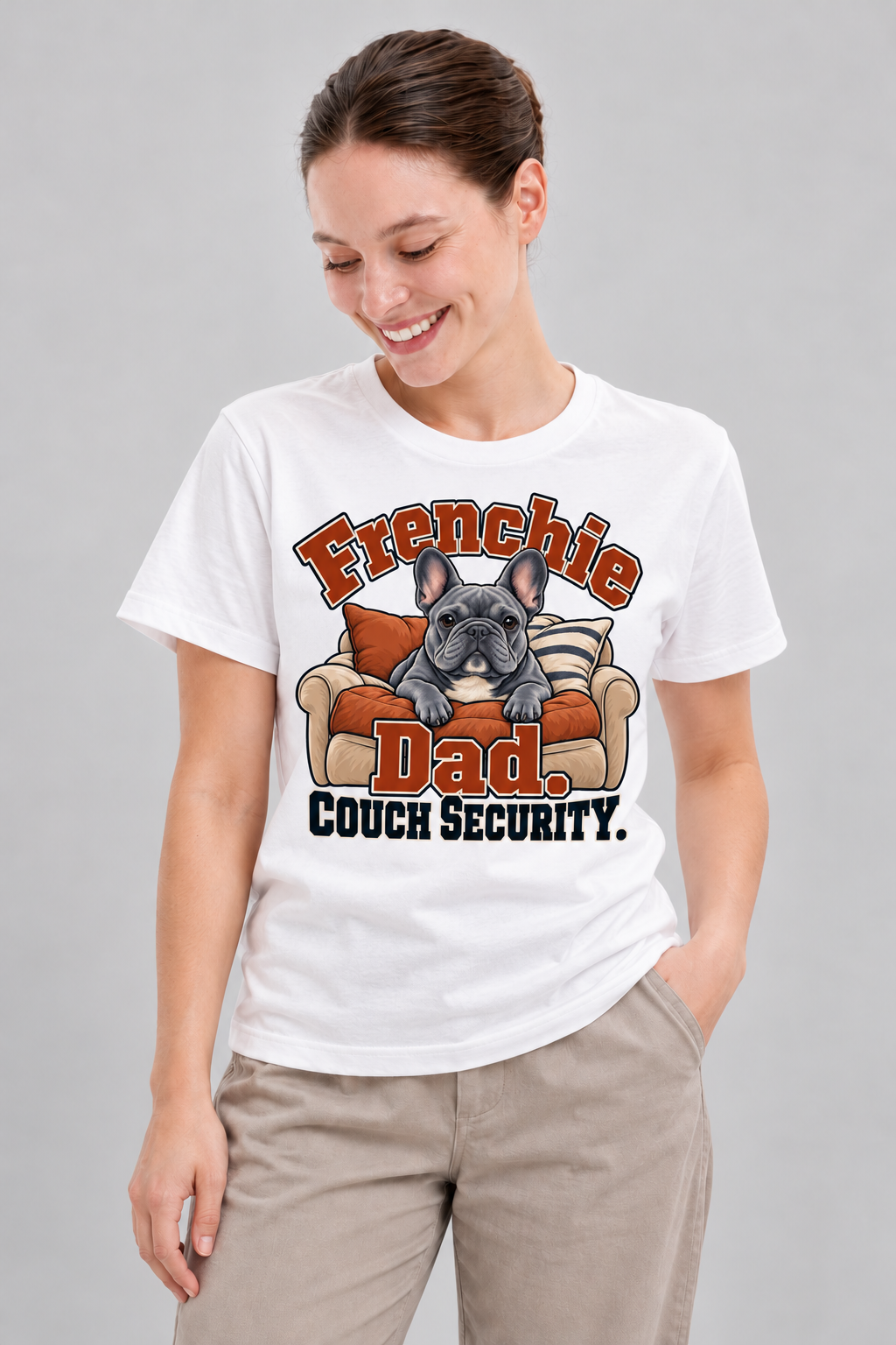 White French Bulldog T-shirt — Frenchie Dad. Couch Security. — large print on model