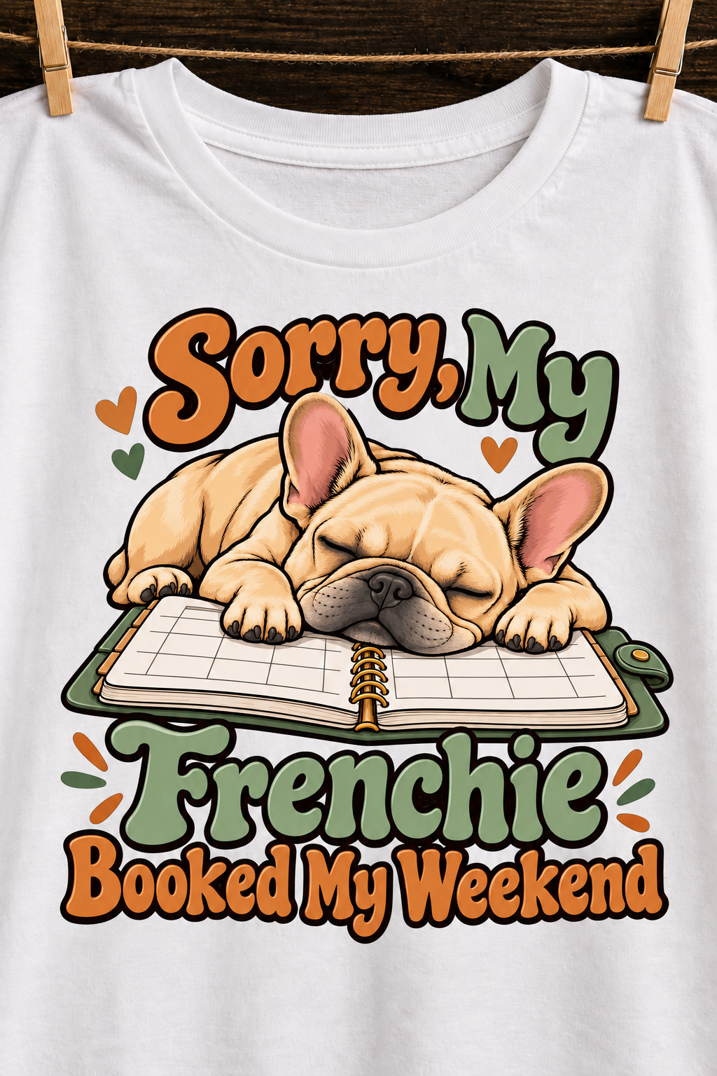 White French Bulldog T-shirt — Sorry, My Frenchie Booked My Weekend — artwork close-up
