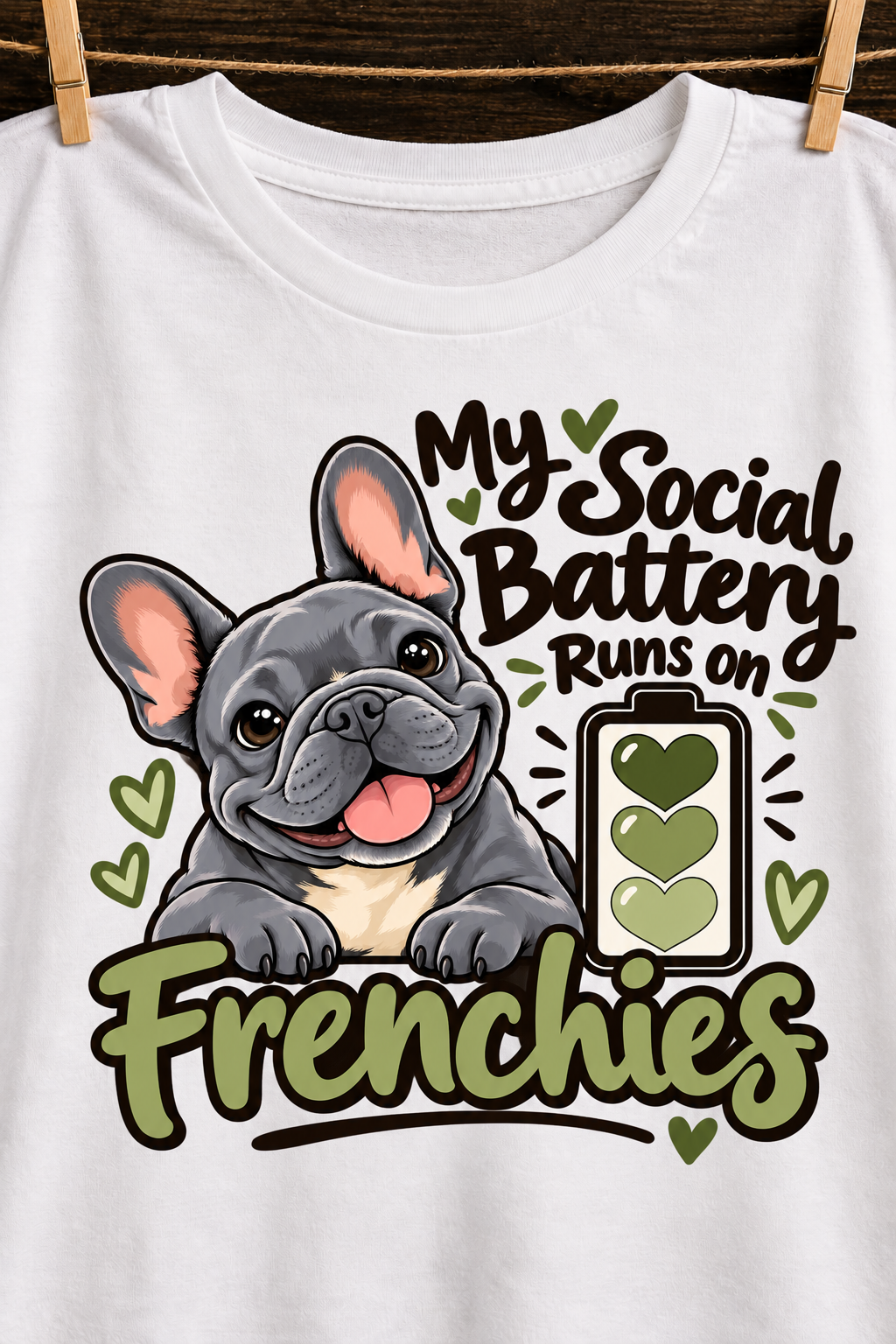 White French Bulldog T-shirt — My Social Battery Runs on Frenchies — artwork close-up