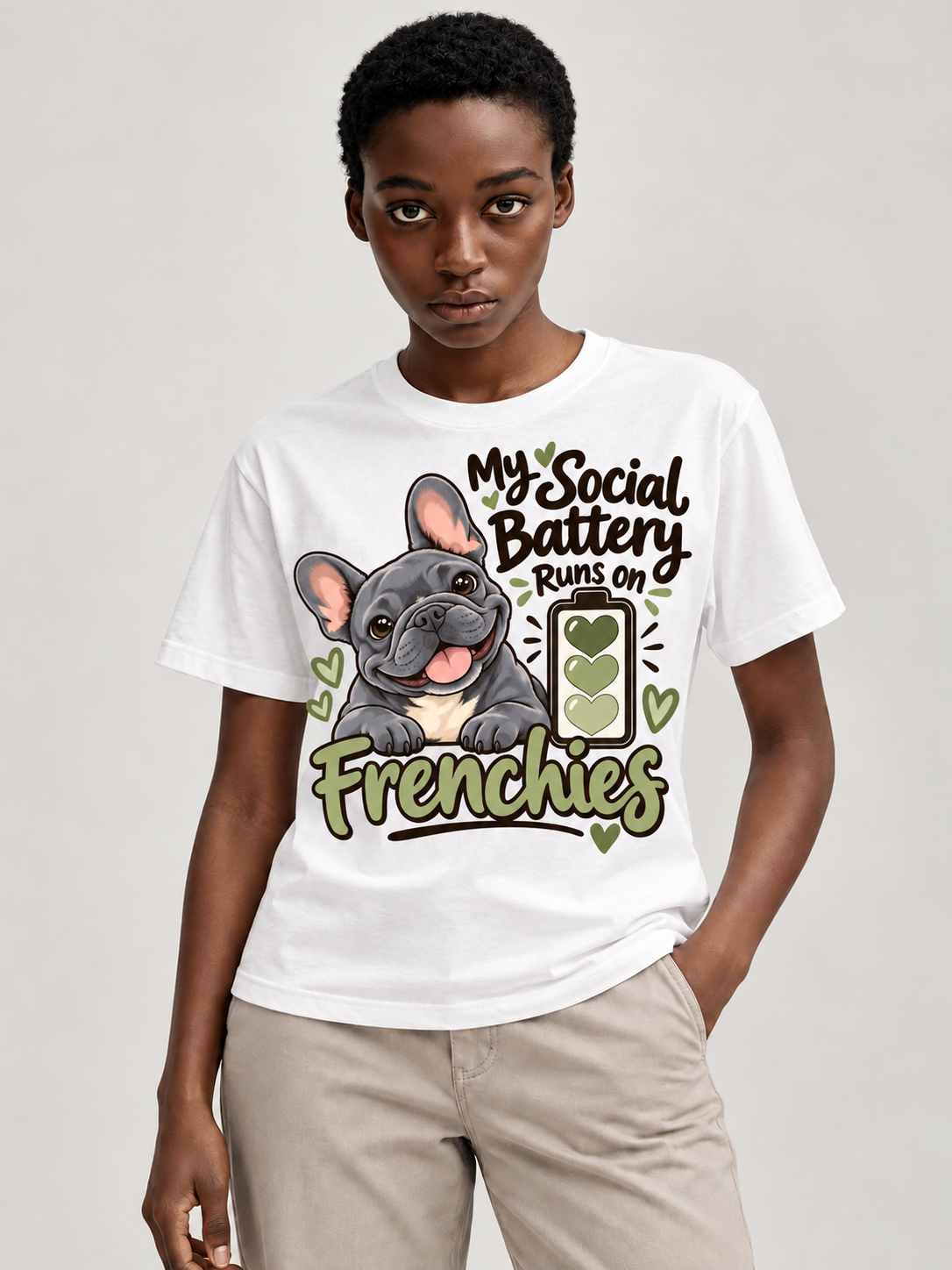 White French Bulldog T-shirt — My Social Battery Runs on Frenchies — large print on model