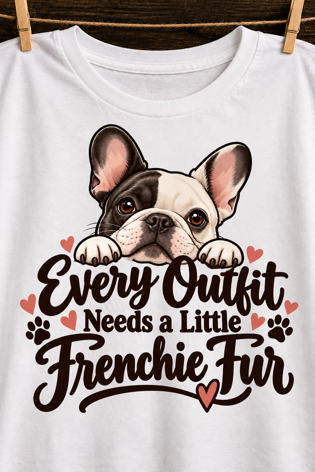 White French Bulldog T-shirt — Every Outfit Needs a Little Frenchie Fur — artwork close-up