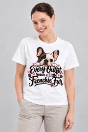 White French Bulldog T-shirt — Every Outfit Needs a Little Frenchie Fur — large print on model