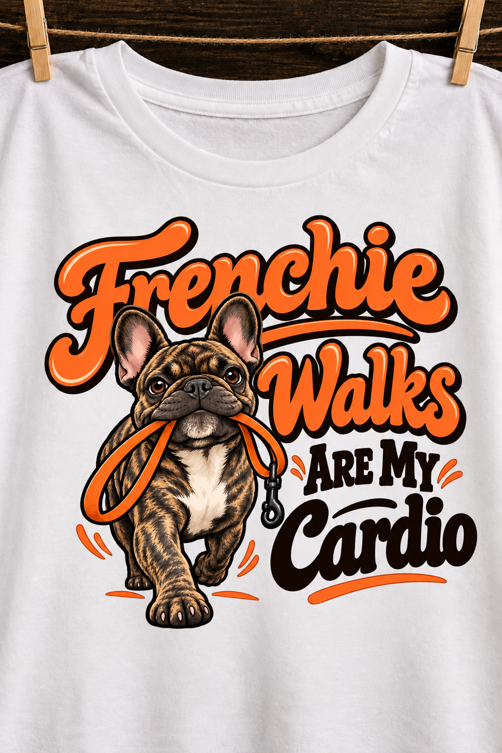 White French Bulldog T-shirt — Frenchie Walks Are My Cardio — artwork close-up