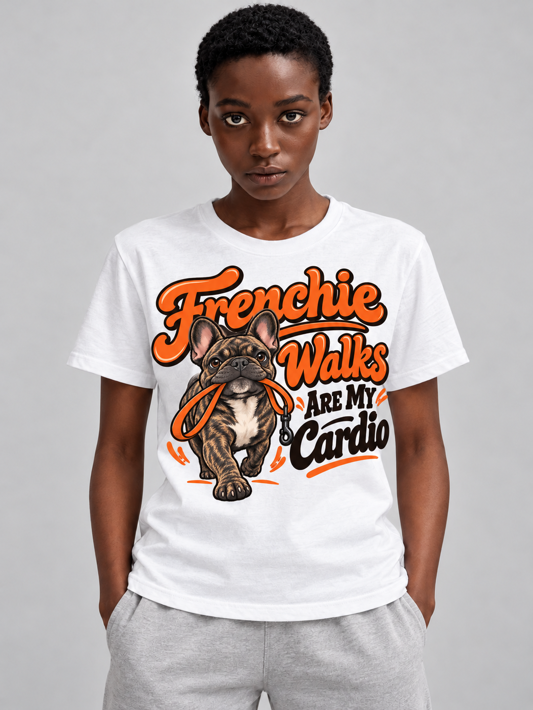 White French Bulldog T-shirt — Frenchie Walks Are My Cardio — large print on model