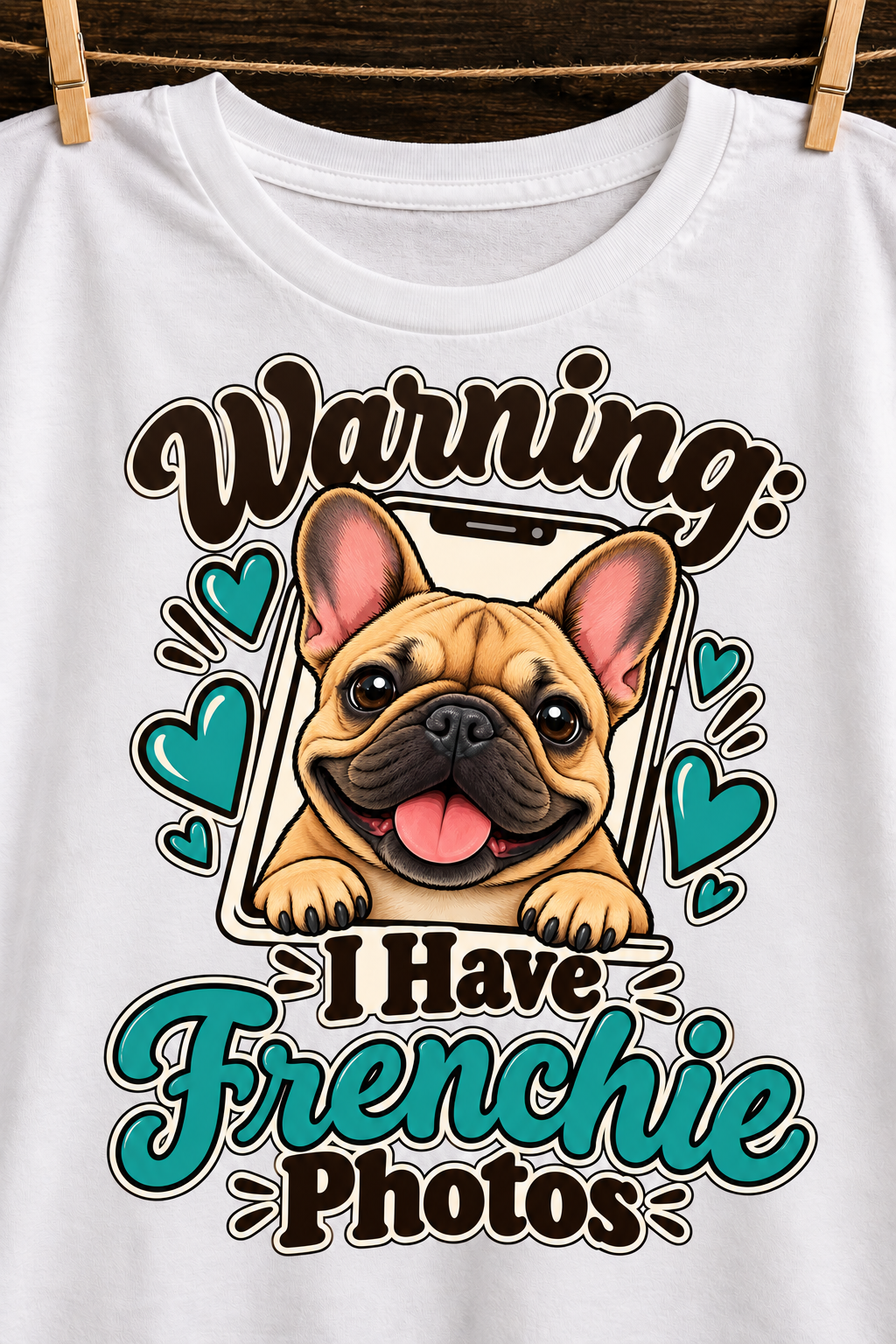 White French Bulldog T-shirt — Warning: I Have Frenchie Photos — artwork close-up
