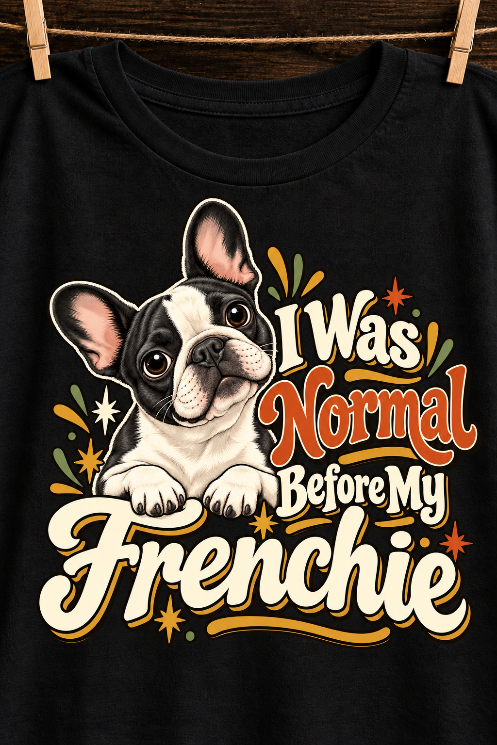 Black French Bulldog T-shirt — I Was Normal Before My Frenchie — artwork close-up