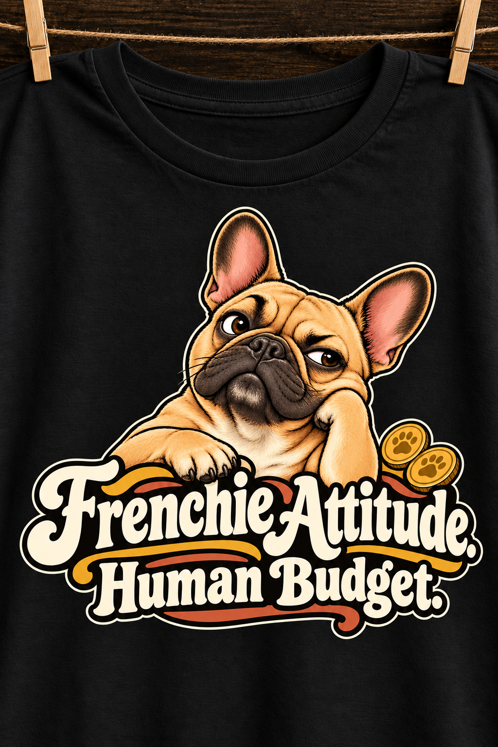 Black French Bulldog T-shirt — Frenchie Attitude. Human Budget. — artwork close-up