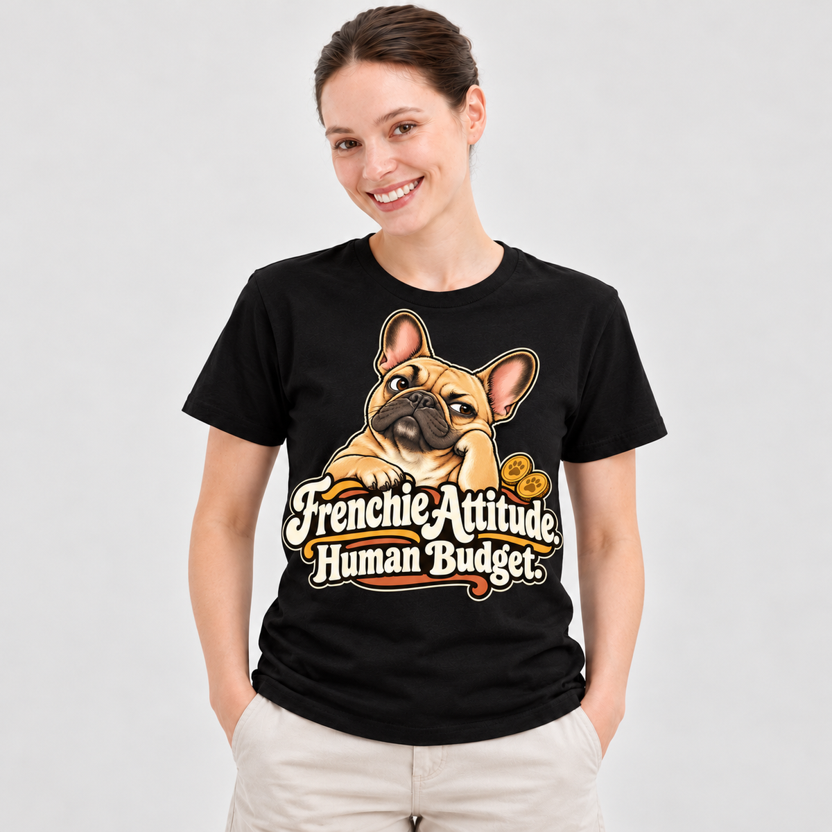 Black French Bulldog T-shirt — Frenchie Attitude. Human Budget. — large print on model