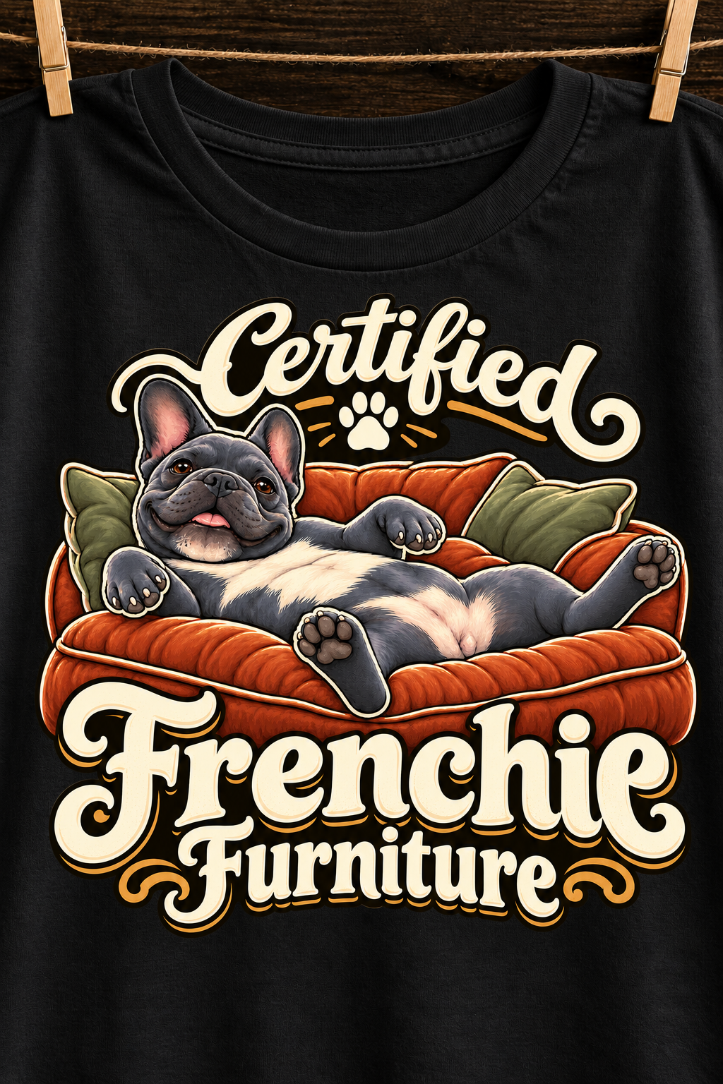 Black French Bulldog T-shirt — Certified Frenchie Furniture — artwork close-up