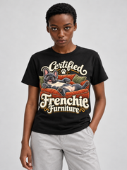 Black French Bulldog T-shirt — Certified Frenchie Furniture — large print on model