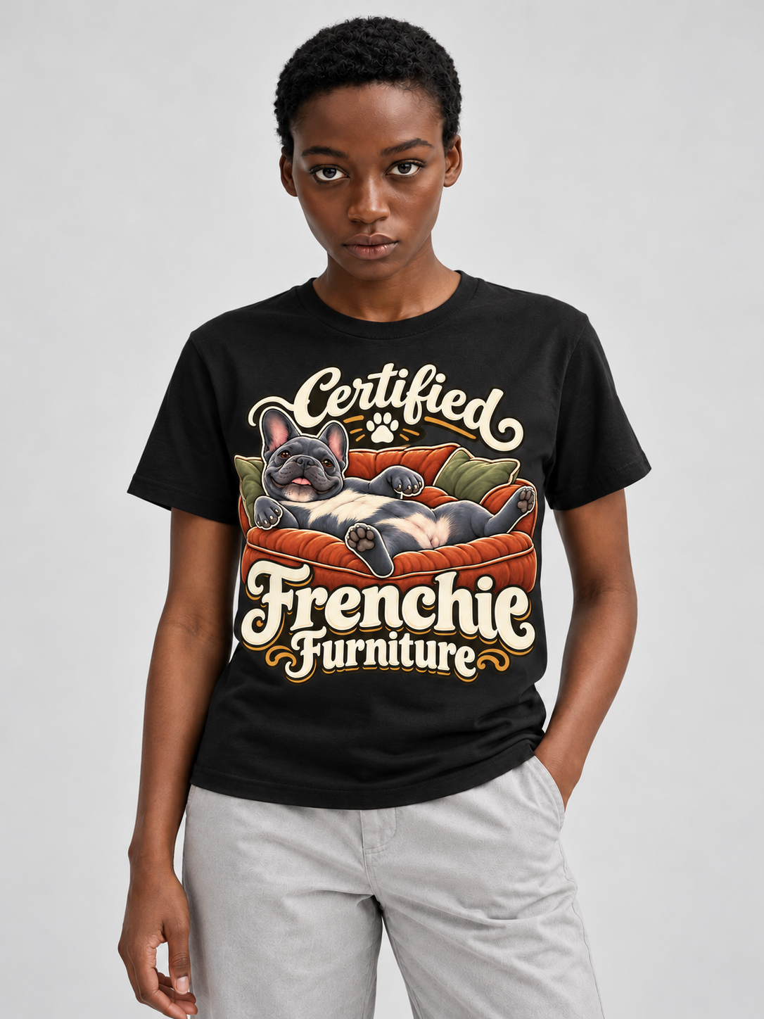 Black French Bulldog T-shirt — Certified Frenchie Furniture — large print on model