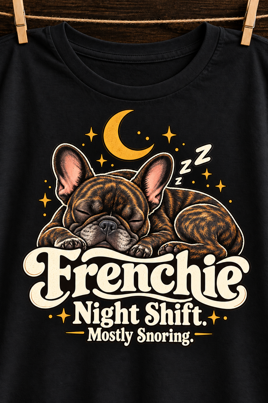 Black French Bulldog T-shirt — Frenchie Night Shift. Mostly Snoring. — artwork close-up