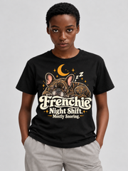 Black French Bulldog T-shirt — Frenchie Night Shift. Mostly Snoring. — large print on model