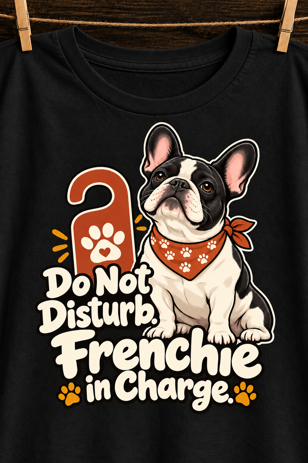 Black French Bulldog T-shirt — Do Not Disturb. Frenchie in Charge. — artwork close-up