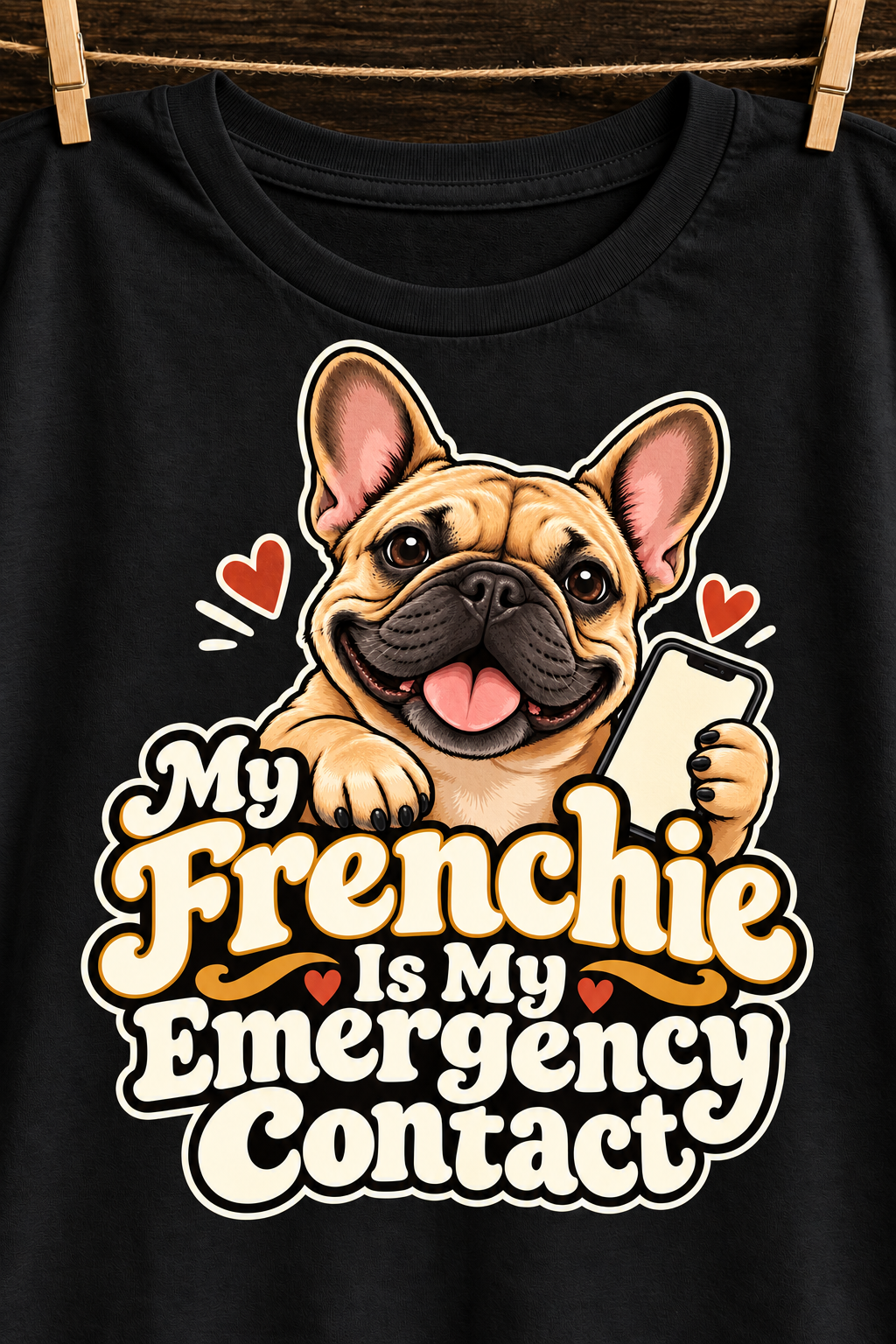 Black French Bulldog T-shirt — My Frenchie Is My Emergency Contact — artwork close-up