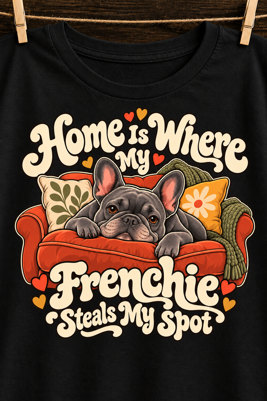 Black French Bulldog T-shirt — Home Is Where My Frenchie Steals My Spot — artwork close-up