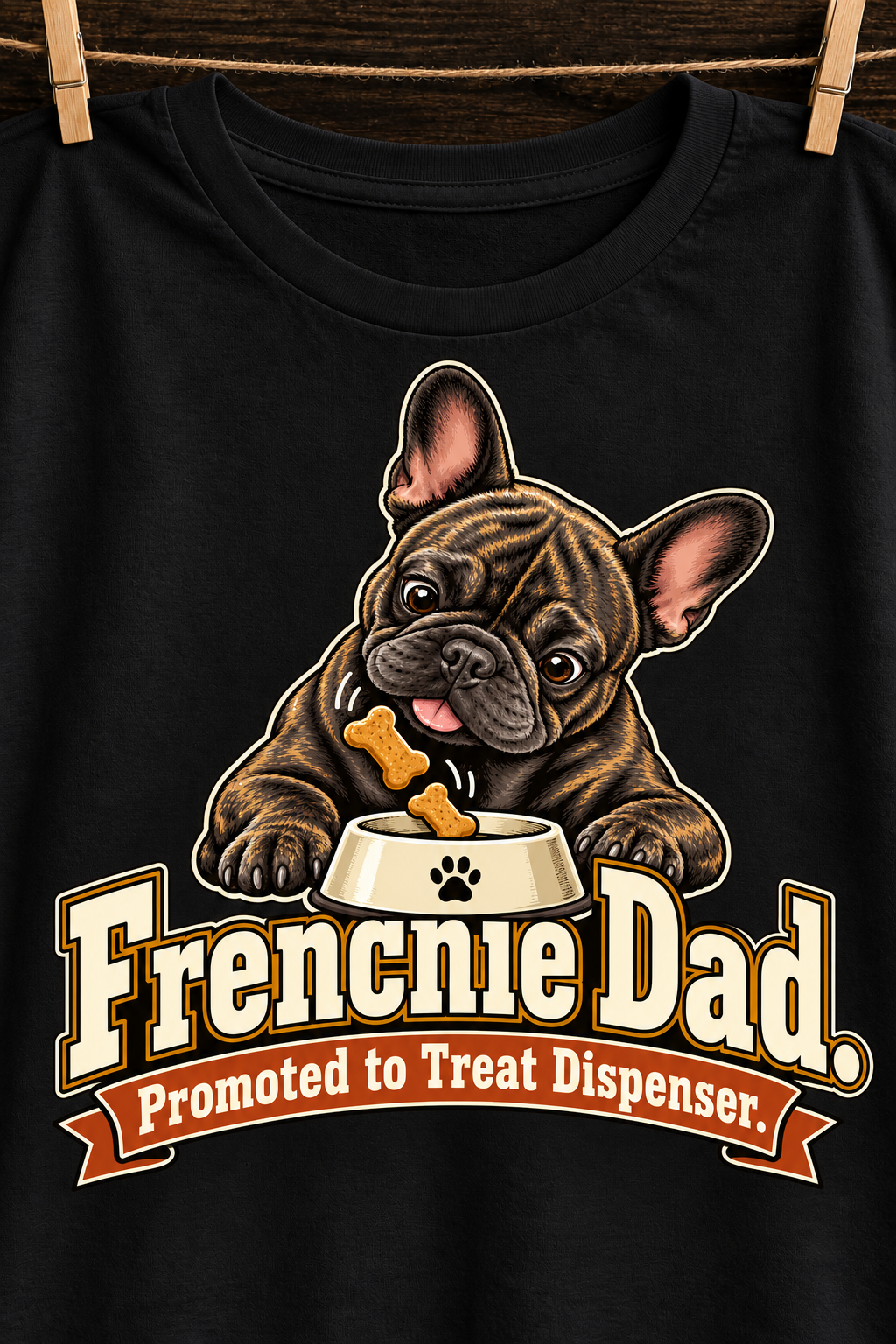 Black French Bulldog T-shirt — Frenchie Dad. Promoted to Treat Dispenser. — artwork close-up