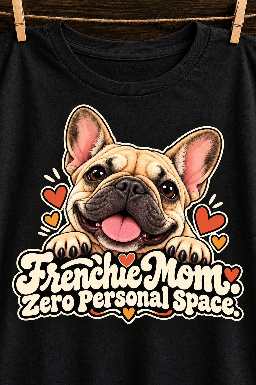 Black French Bulldog T-shirt — Frenchie Mom. Zero Personal Space. — artwork close-up
