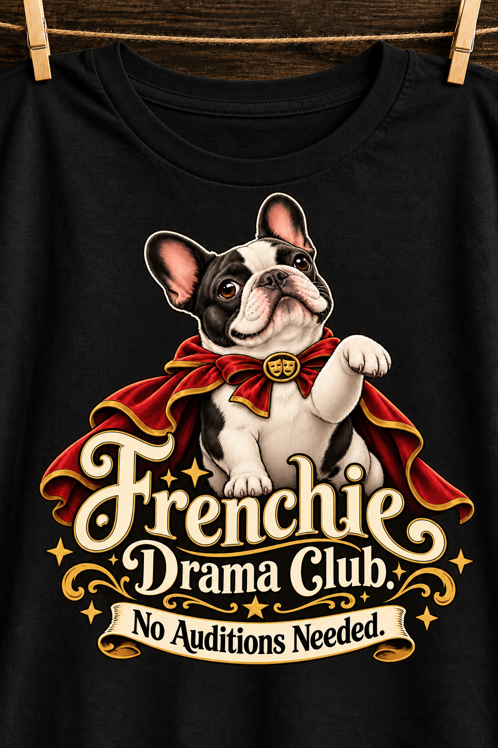 Black French Bulldog T-shirt — Frenchie Drama Club. No Auditions Needed. — artwork close-up