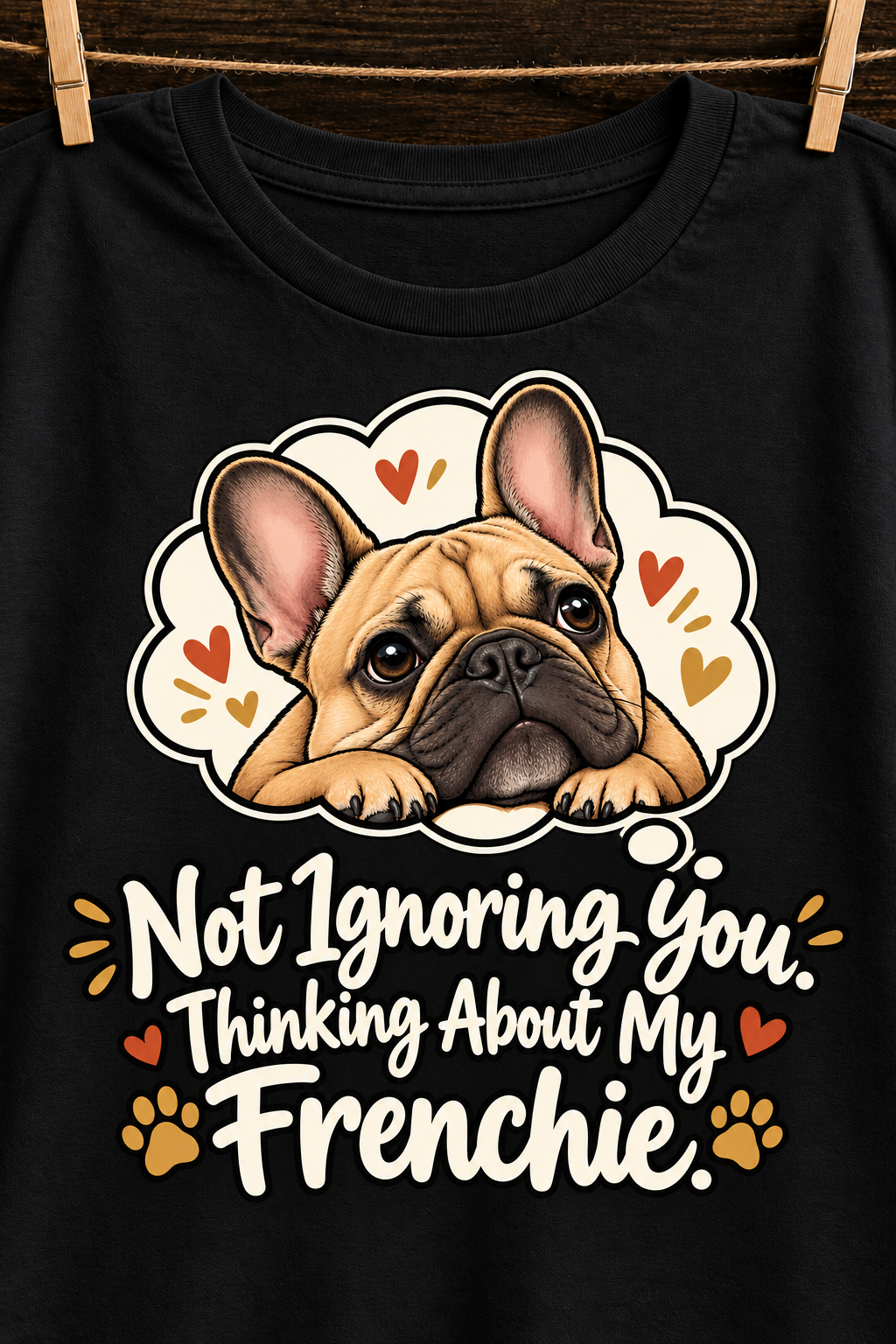Black French Bulldog T-shirt — Not Ignoring You. Thinking About My Frenchie. — artwork close-up