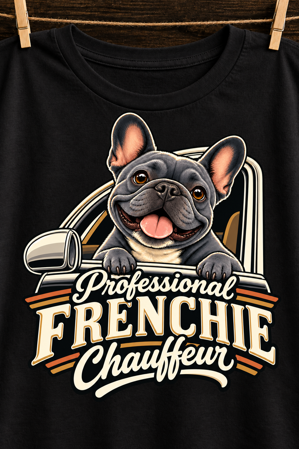 Black French Bulldog T-shirt — Professional Frenchie Chauffeur — artwork close-up