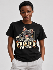 Black French Bulldog T-shirt — Professional Frenchie Chauffeur — large print on model