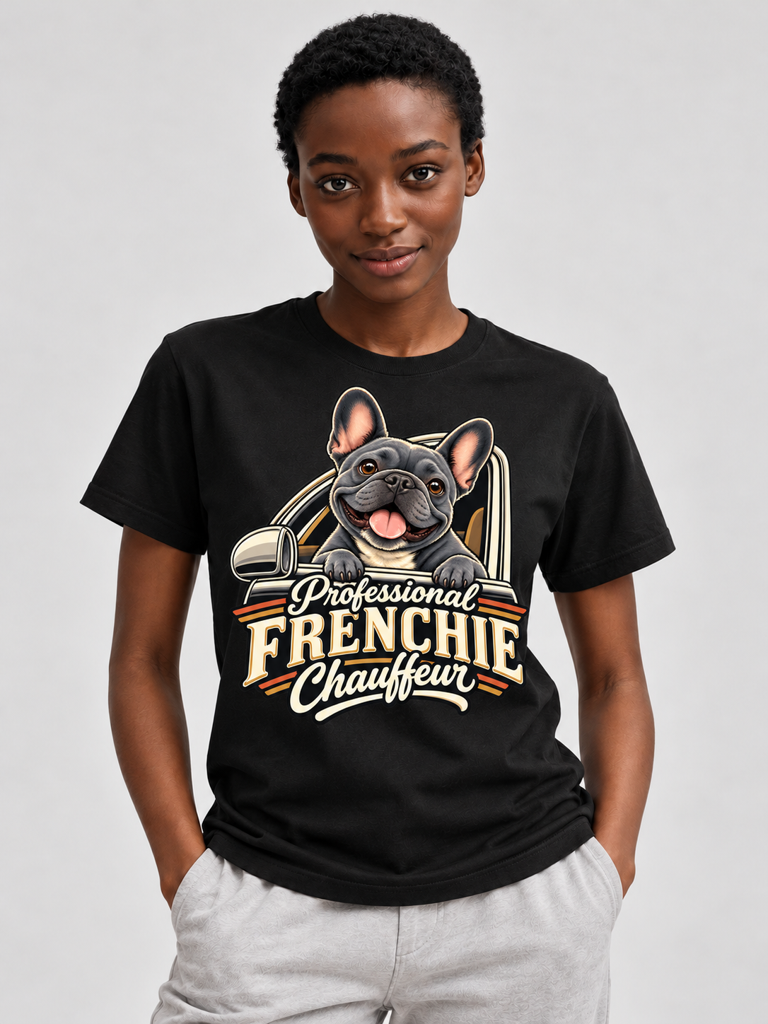 Black French Bulldog T-shirt — Professional Frenchie Chauffeur — large print on model