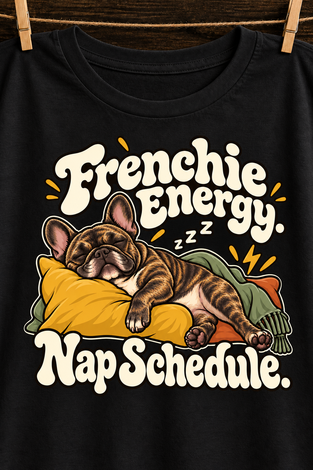 Black French Bulldog T-shirt — Frenchie Energy. Nap Schedule. — artwork close-up