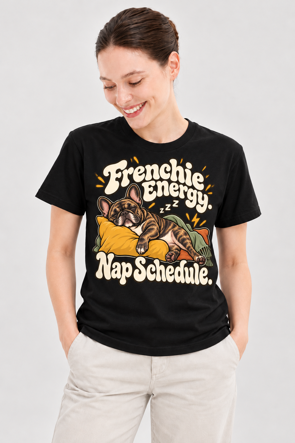 Black French Bulldog T-shirt — Frenchie Energy. Nap Schedule. — large print on model