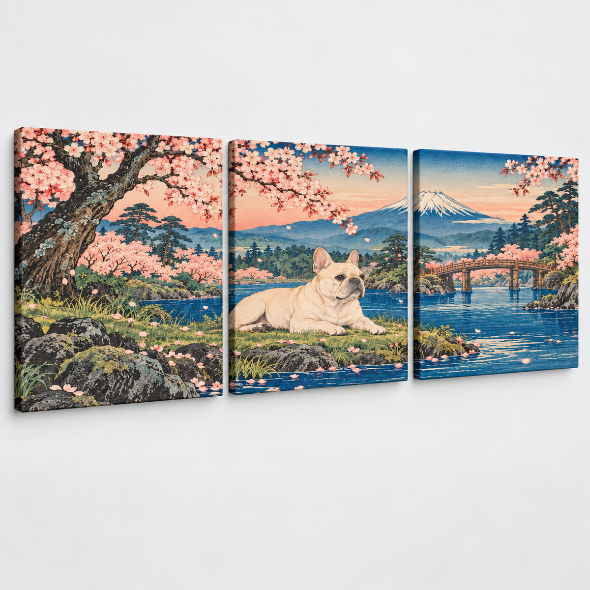 Three-panel French Bulldog canvas on light gray background