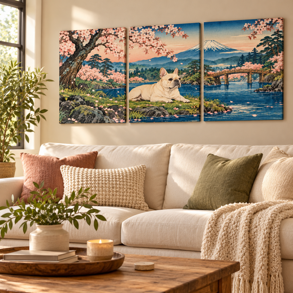 French Bulldog triptych canvas hanging in a cozy room