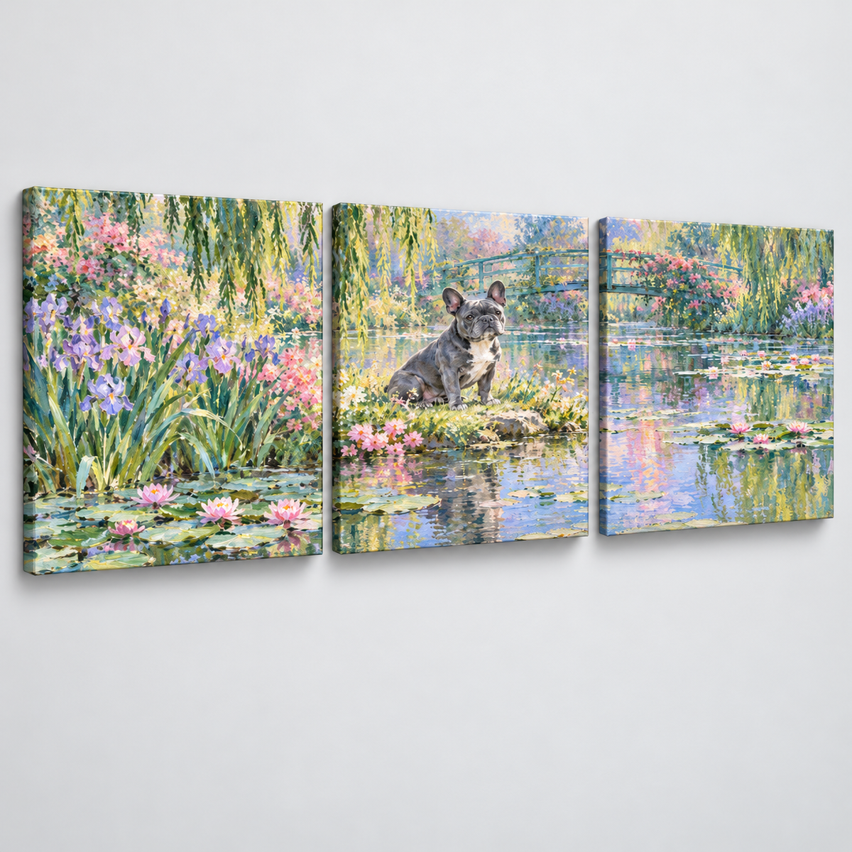 Three-panel French Bulldog canvas on light gray background