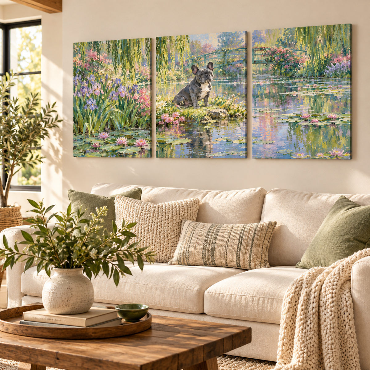 French Bulldog triptych canvas hanging in a cozy room