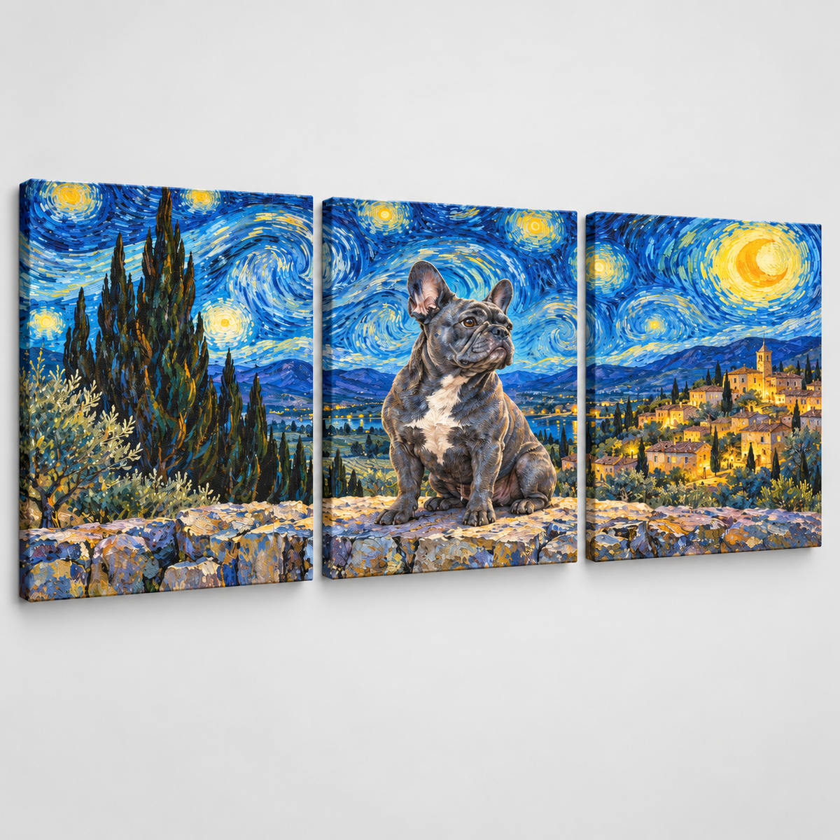 Three-panel French Bulldog canvas on light gray background